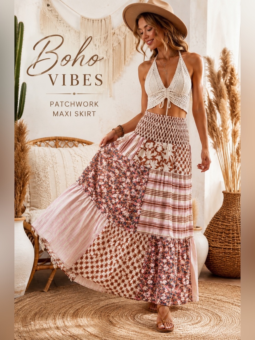 Boho Patchwork Smocked Maxi Skirt Pink Brown Floral Cottagecore Festival